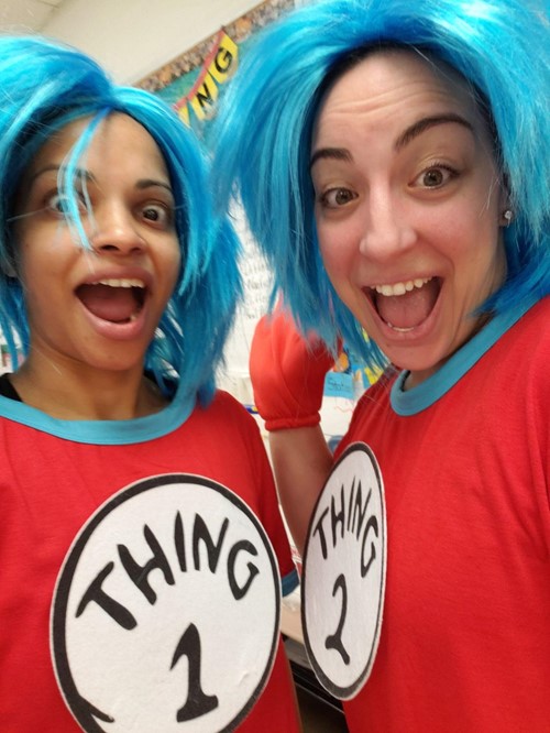 Two teachers dressed as Thing 1 and Thing 2 from the Dr. Seuss Books