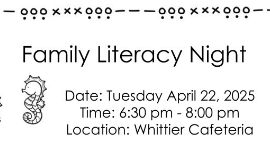 FAMILY LITERACY NIGHT- APRIL 22ND@6:30 PM